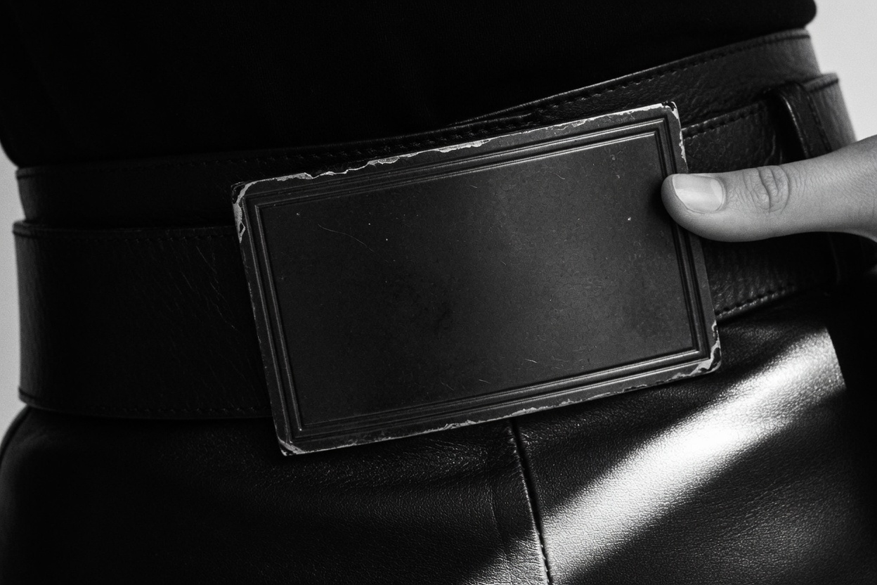 Close on black leather: the right side of a blank blackened-steel belt plate, a thumb pressed at its edge