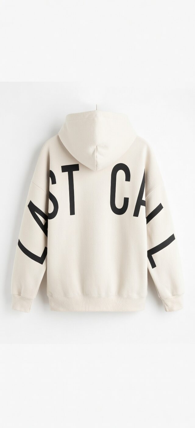 Cream hoodie from the back on a hanger, LAST CALL across the shoulders and down both sleeves